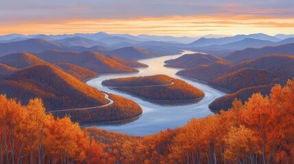 Autumn river bend landscape with mountains and colorful foliage.