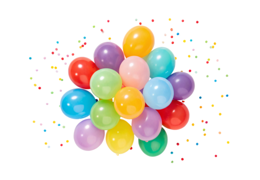 Vibrant rainbow balloons arranged in circular formation with colorful confetti, isolated on a transparent background
