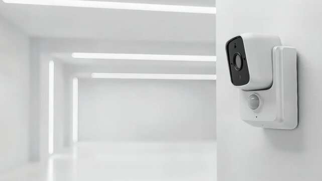 White security camera rotating its lens, modern surveillance technology for private data protection with abstract futuristic background