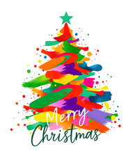 Artistic Paint Splat Christmas Tree Illustration with “Merry Christmas” Text