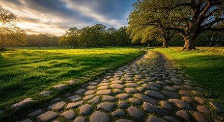 Scenic Cobblestone Path Winding Through Lush Green Meadow at Sunset.