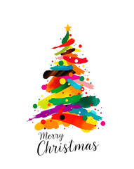 Artistic Paint Splat Christmas Tree Illustration with “Merry Christmas” Text