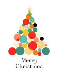 Abstract Christmas Tree Made of Colorful Circles with “Merry Christmas” Text