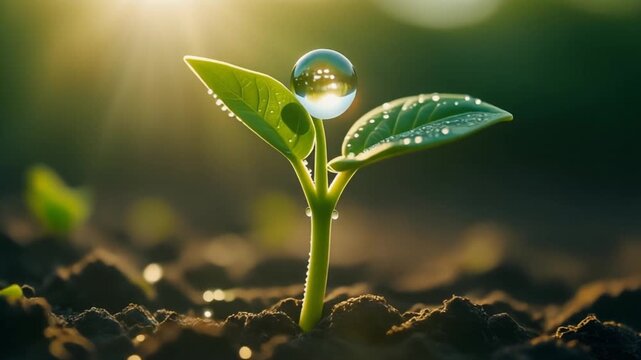 The Perfect Morning Dewdrop. A tiny bean sprout with its first two leaves open. A single large perfect spherical water droplet (morning dew) is clinging to the edge of one leaf.
