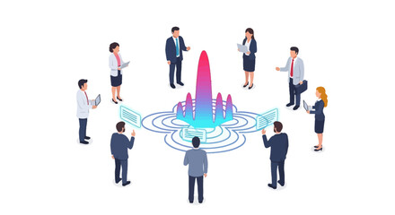 Business Team Collaborating Around a Futuristic Data Visualization Hologram