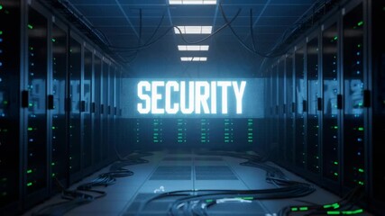 Data center with security inscription on a digital screen. Cyber protection of online information and network server room concept. - Powered by Adobe