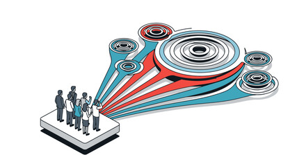 Business Team Analyzing Complex Data Flow and Strategic Targets in an Isometric Illustration