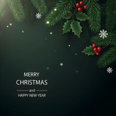 Dark Fir Branch Christmas Background with “Merry Christmas and Happy New Year” Text
