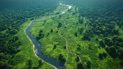 Aerial view of a lush green landscape with winding river and pathway.