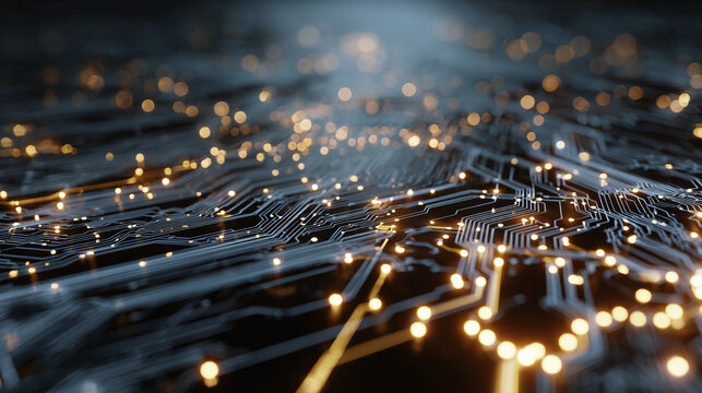 Intricate digital circuit board design with glowing lights, illustrating interconnectedness and technological advancement