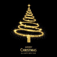 Gold Glitter Cyclone Christmas Tree on Black Background with “Merry Christmas & a Happy New Year” Text