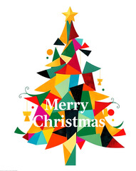 Colorful Cubism Christmas Tree with “Merry Christmas” Text Overlay