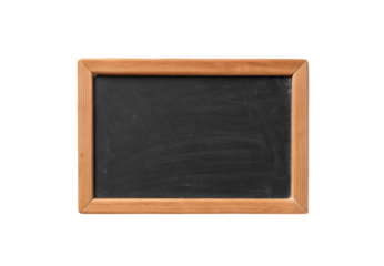 Small blank chalkboard with natural wooden frame and dark surface, isolated on a transparent background