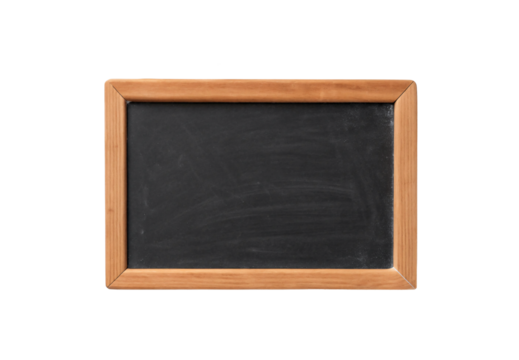 Small blank chalkboard with natural wooden frame and dark surface, isolated on a transparent background - Powered by Adobe