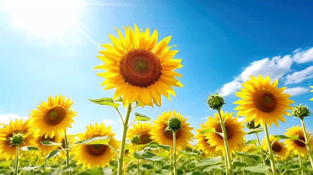 A vivid, sunflowerthemed wallpaper featuring a sunflower in the foreground against a clear blue sky. The sunflower is the main subject.