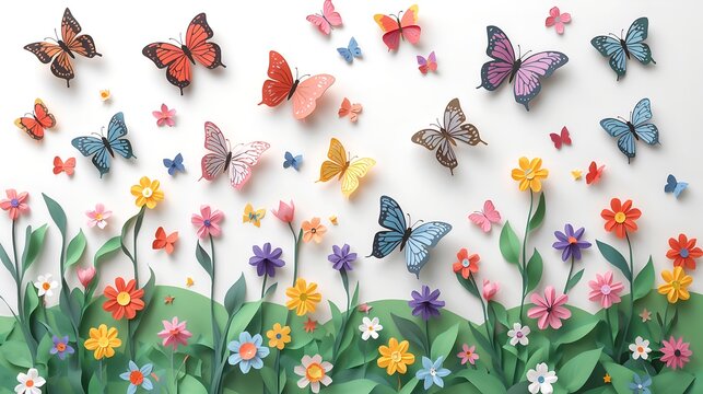 a whimsical scene of butterflies and flowers in a garden, with vibrant colors and intricate details. Butterflies flutter among colorful flowers, creating a sense of joy and wonder