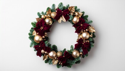Elegant Christmas wreath with golden ornaments and velvet burgundy bows on white, offering a classic festive charm for your holiday designs