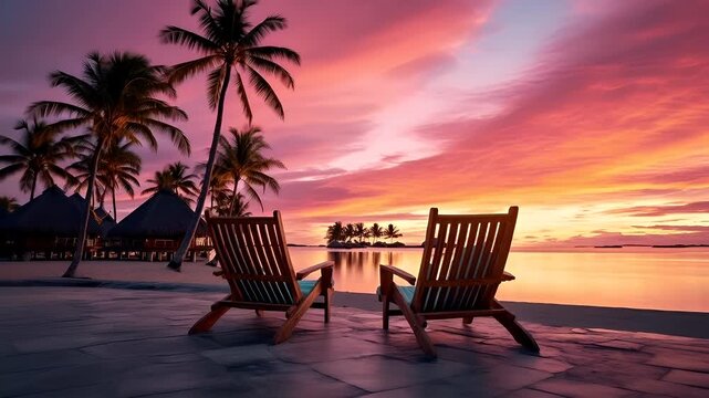 Aerial view of tropical beach during sunset with palm trees and thatched huts.