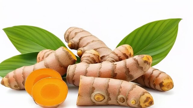 A vibrant, close-up studio shot showcases several fresh rhizomes with striking green leaves, meticulously arranged against a pristine white background. Some of the raw roots are artfully sliced, revea