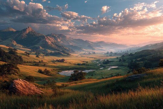 Mountain range vista in the Alps at dusk with colorful clouds and low lying fog filling the valleys casting long shadows across the slopes