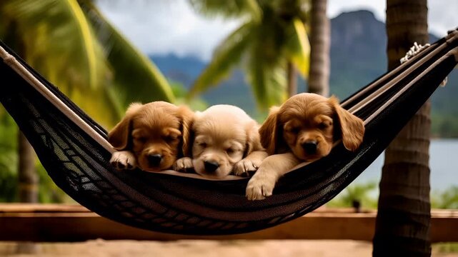 A closeup of three golden retriever puppies resting in a hammock. The puppies are positioned in a relaxed manner, with their heads slightly tilted and eyes closed.