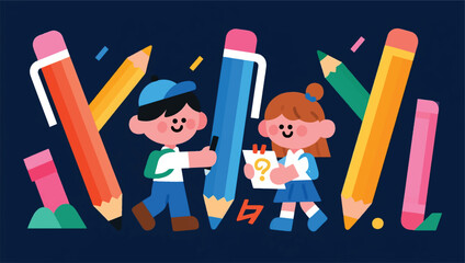 Illustration Of Two Small Children With Pencils Vector Design Template