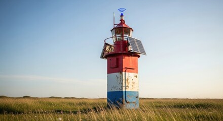 Small Red White and Blue Lighthouse in a Grassy Field Under a Blue Sky.