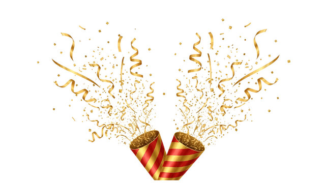 Vector illustration&nbsp;of exploding party popper with gold confetti and streamers on a white background