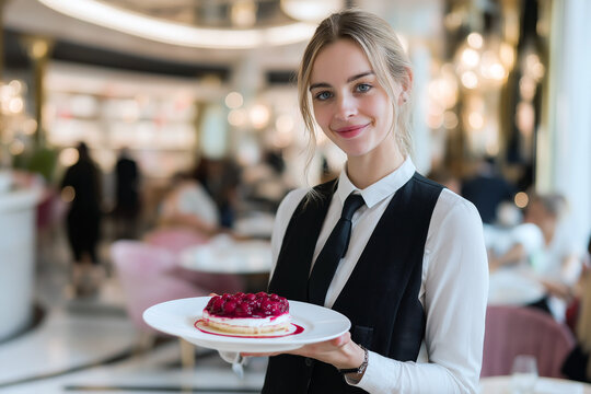 Professional waitress presenting a dessert to guests in a stylish restaurant interior