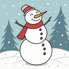 Cartoon snowman with a striped hat and scarf standing in a snowy landscape