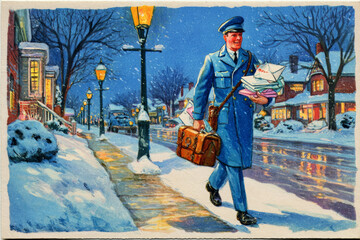A mailman walks through a snowy street, carrying letters and packages as street lamps illuminate charming homes. The scene captures the festive spirit of Christmas in the 50s or 60s