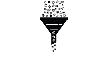 Conceptual illustration of a funnel filtering various icons representing data information and digital content into a refined output