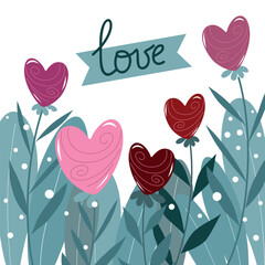 A whimsical illustration featuring colorful heart-shaped balloons and lush green foliage, with the word "love" in a playful font. Perfect for Valentine's Day or romantic designs