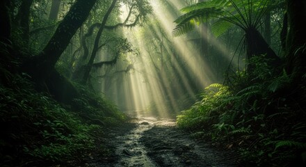 Sunbeams piercing through a lush green forest canopy illuminating a winding path.