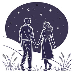 Illustration of a couple holding hands under the stars at night