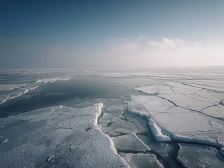 Expansive frozen lake with large ice floes and open water under a bright hazy sky, serene cold winter landscape with dramatic icy formations