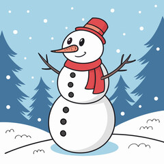 Illustration of a cheerful snowman with a red hat and scarf in winter