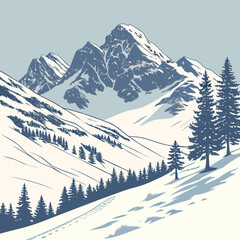 Illustration of a snowy mountain range with pine trees