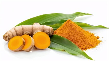 A vibrant composition showcasing the natural goodness of a powerful root. The display features a whole rhizome, several freshly cut slices revealing the brilliant orange interior, and a finely ground 