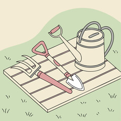 Illustration of gardening tools including a watering can