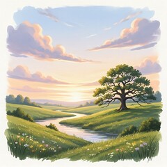 Serene Landscape Illustration with a Winding River, Majestic Oak Tree, and a Cloudy Sky