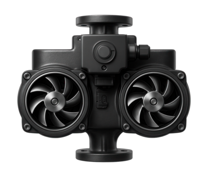 Dual impeller pump station with thermal overload safety for HVAC applications.