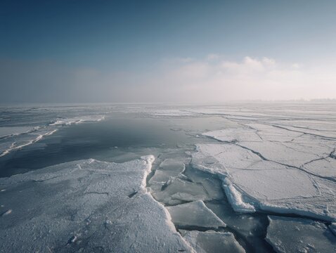 Expansive frozen lake with large ice floes and open water under a bright hazy sky, serene cold winter landscape with dramatic icy formations