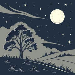 Night landscape with tree, moon and stars in dark blue tones