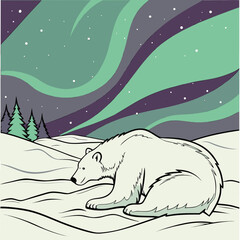 Polar bear resting on snowfield under aurora borealis at night