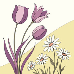 Tulips and daisies in a garden