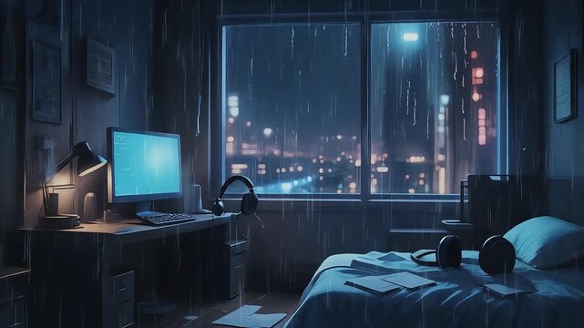 Cozy Room with Computer and City Lights During a Rainy Night. Virtual backgrounds loop animation for stream overlay, meditation, smooth jazz or white noise video. Cozy lo-fi background.