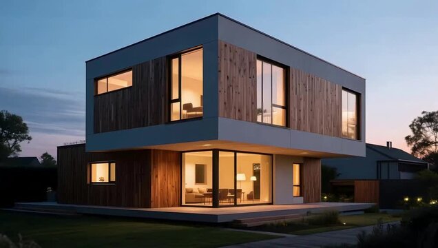 Modern two story house at dusk