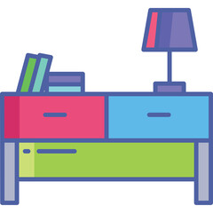A Modern Two-Drawer Cabinet With Books And A Table Lamp On Top In Bright Colors With A Transparent Background Vector Illustration
