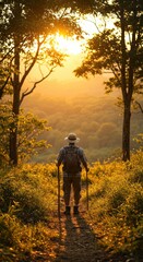 Fototapeta premium A hiker walks along a trail in the forest at sunset, enjoying the golden light